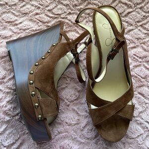 Jessica Simpson “Tausen” Brown Suede Wedge Sandal with 5 3/4” Heel